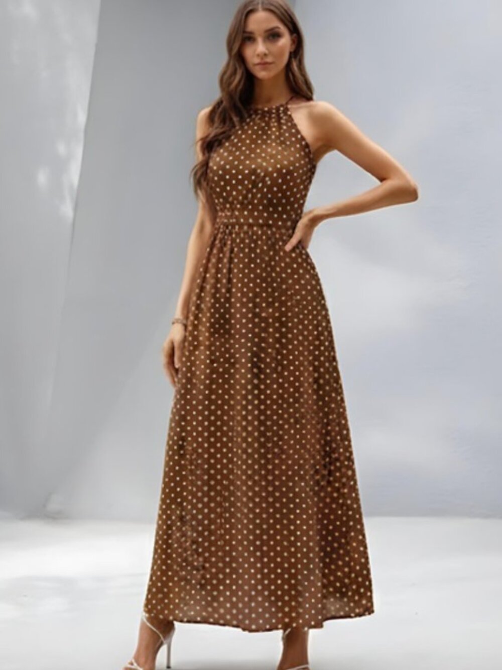Polka Dot Print Halter Neck Dress Brown.